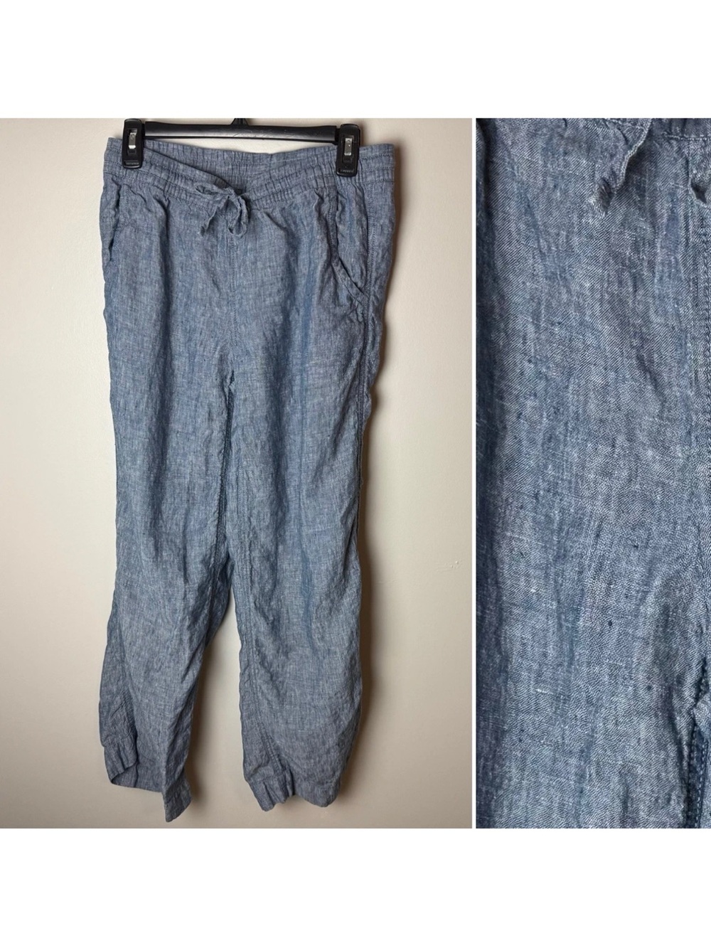 L.L. Bean Washable Linen Pants Size 6 Blue Chambray Drawstring Elastic Waist